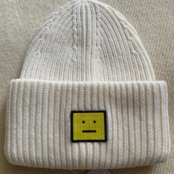 Acne Studios Wool Beanie Hat – White with Yellow Face Logo - Picture 1 of 4